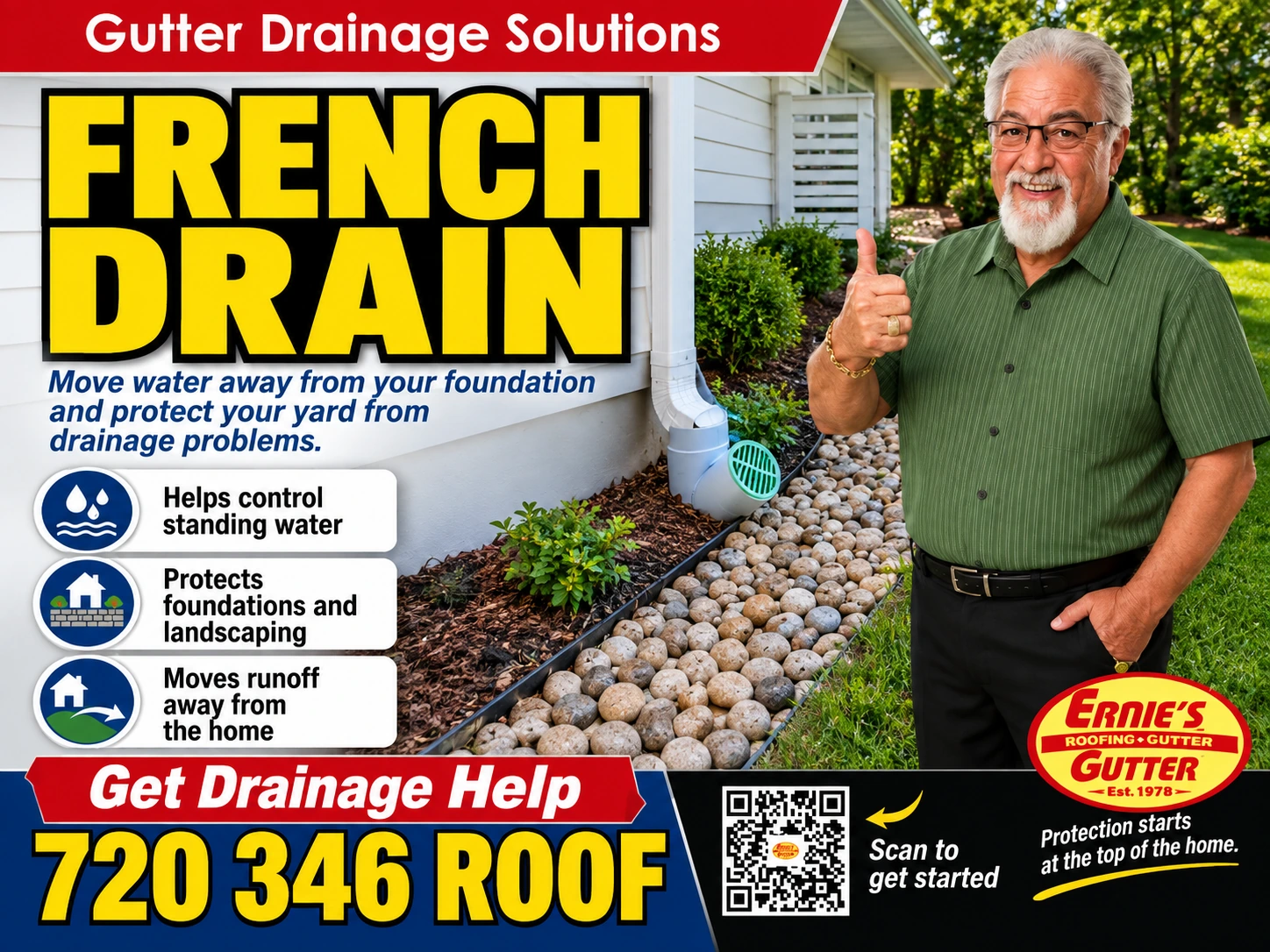 French Drain Denver yard drainage solution showing downspout runoff directed away from a home through a landscaped rock drainage area.