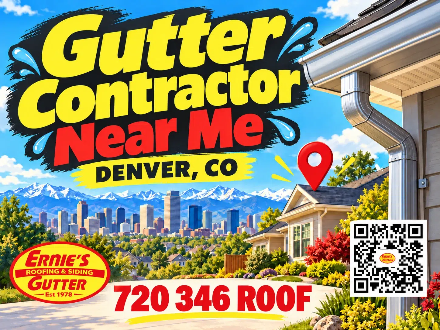 Denver gutter contractor near me with seamless gutters, a downspout, and the Denver skyline