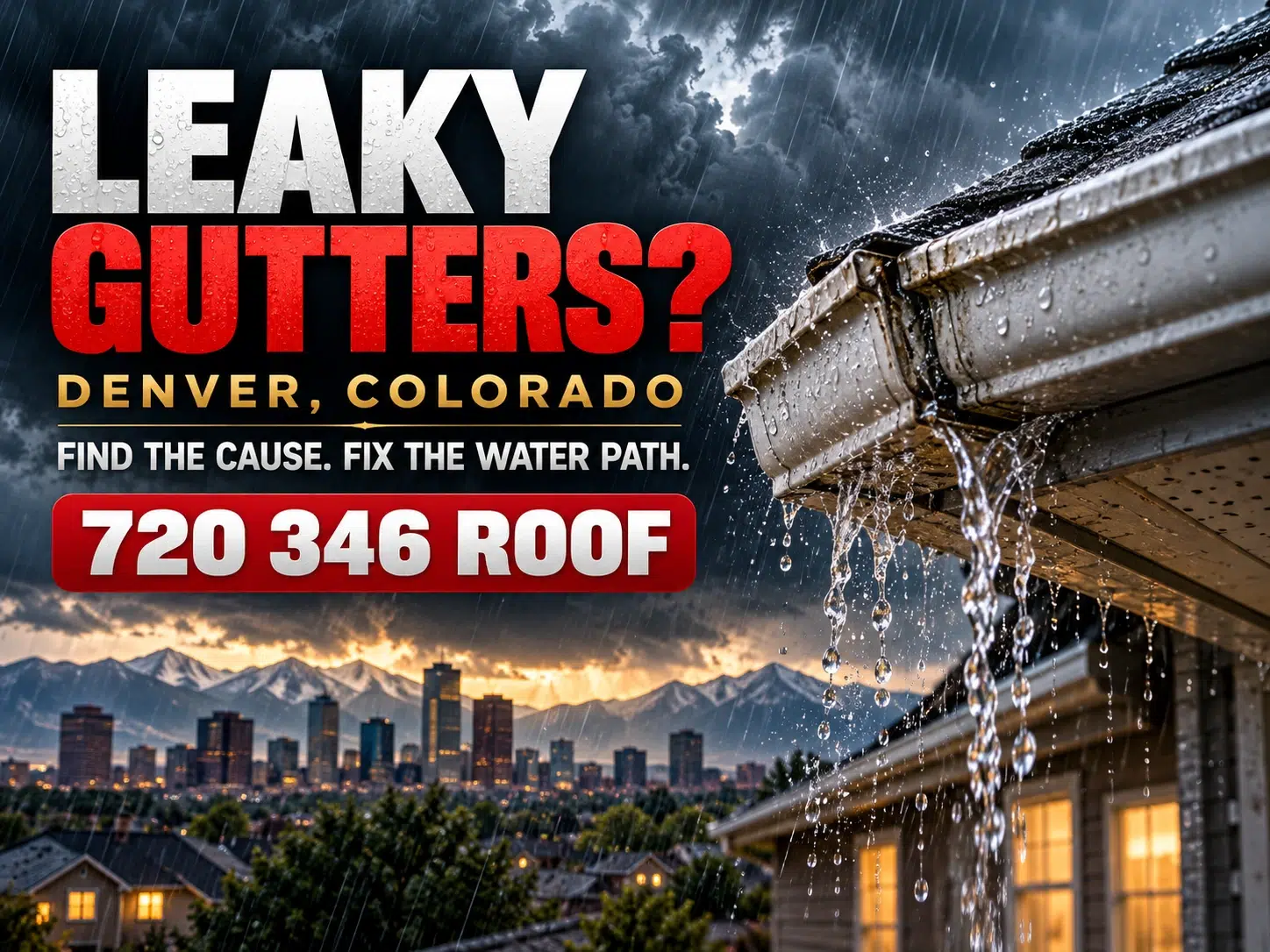 Leaky gutters in Denver Colorado showing water escaping from a rain gutter