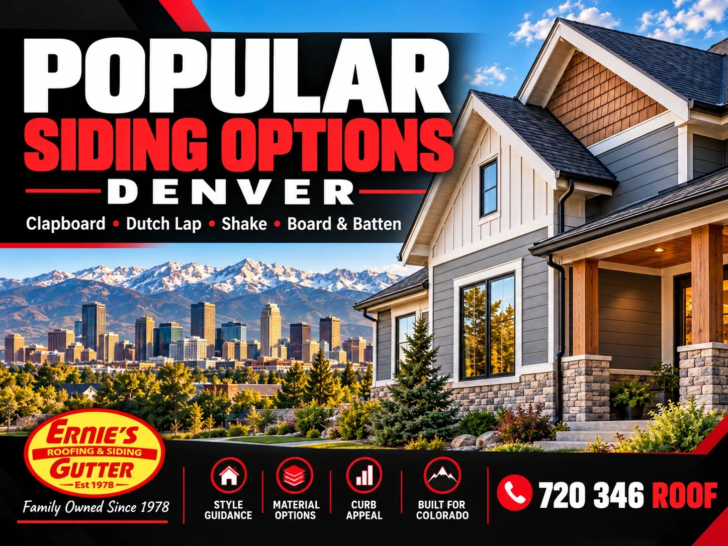 Popular siding options in Denver Colorado featuring clapboard, Dutch lap, shake and board-and-batten styles on a modern home with Denver skyline and Rocky Mountain backdrop