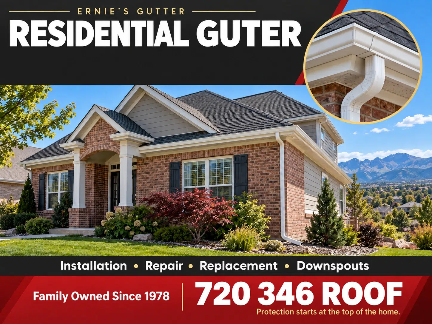 Residential gutter system on a Denver-area home with seamless gutters and downspouts — Ernie’s Gutter