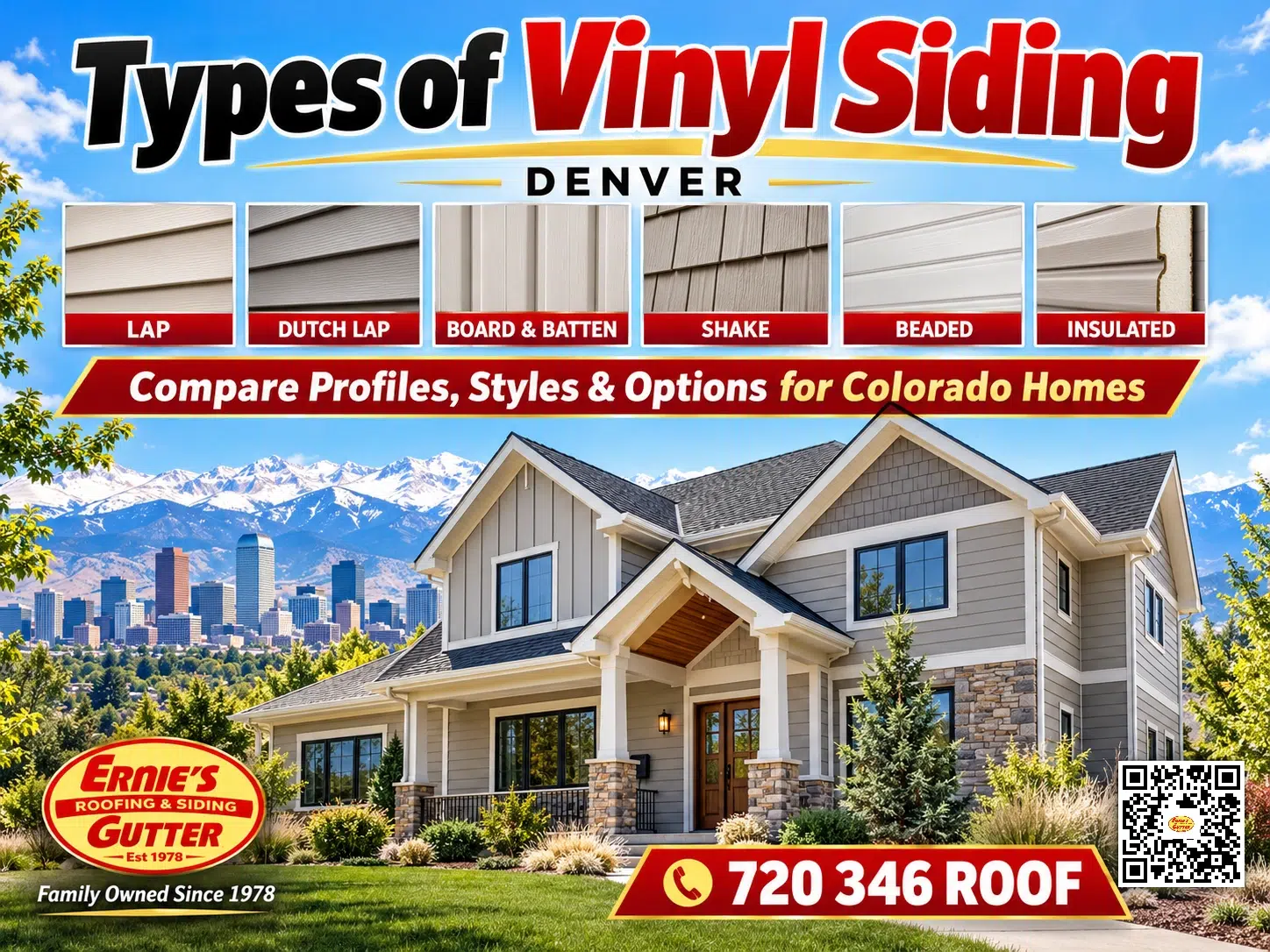 What types of vinyl siding are best for Denver Colorado homes? Compare lap, Dutch lap, board and batten, shake, beaded and insulated vinyl siding options with Ernie's Gutter.