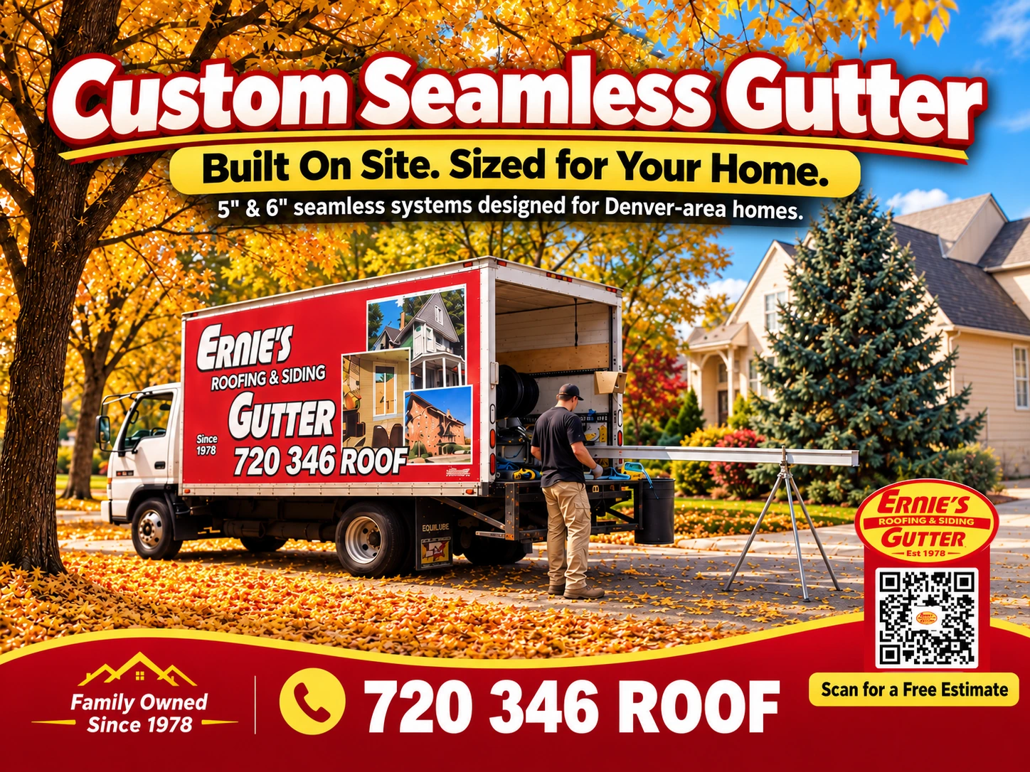 Custom seamless gutter installation in Denver, Colorado, with 5-inch and 6-inch seamless gutters formed on site for residential and commercial properties.
